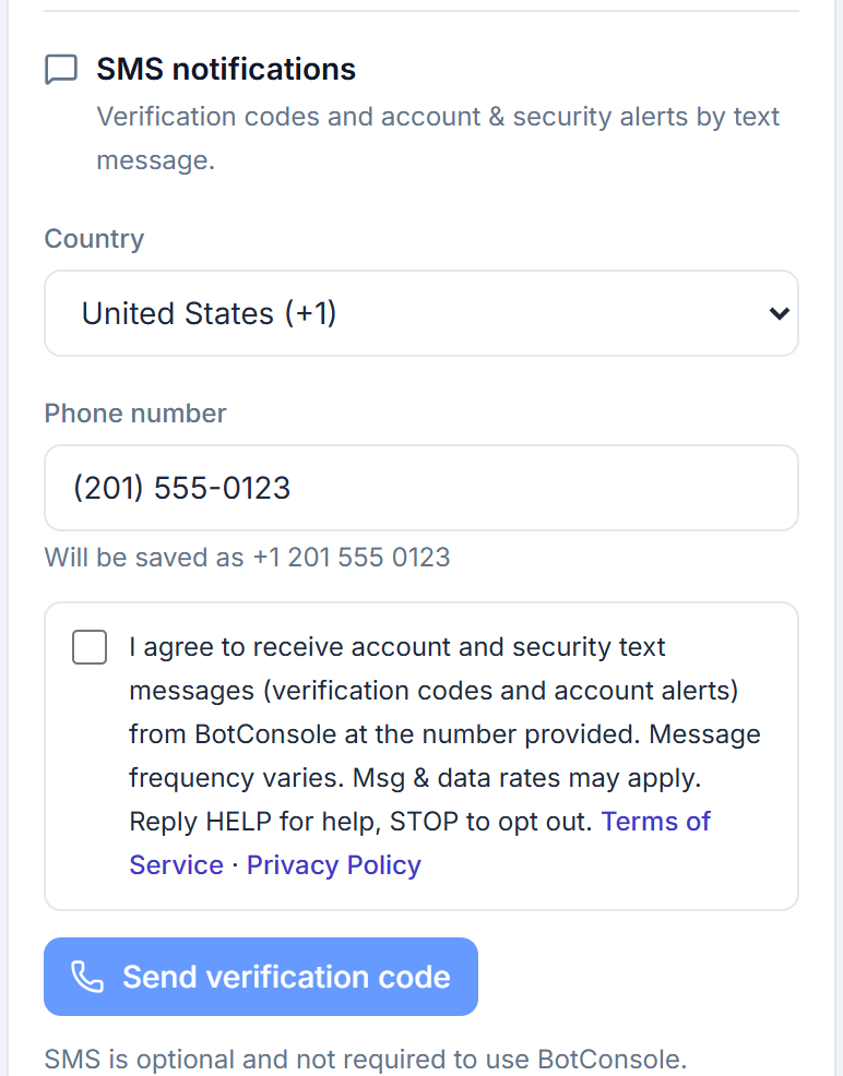 SMS opt-in form in the BotConsole profile with a separate consent checkbox
