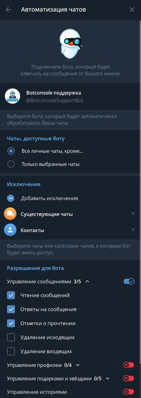 Доступные настройки бизнес чата